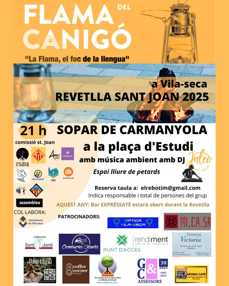 🔥 La Revetlla de Sant Joan 2025 arriba a #Vilaseca!
🎉 Dilluns 23 de juny celebrem la #FlamaDelCanigó amb cultura, música i germanor:
🕕 18 h Cercavila
🕡 18.30 h Recepció de la flama
🕢 19.30 h Actes i danses
🍽️ 21 h Sopar amb DJ Jaleo
✨ Espai lliure de petards
#SantJoan2025