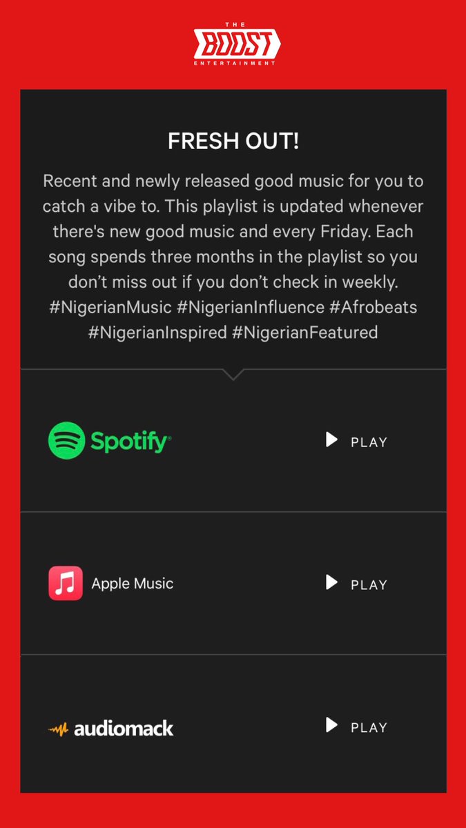 TheBoostEnt's tweet image. New Music Friday 🚨
Link: theboost.fanlink.tv/FreshOut
Entries: Olamide, Victony
Amaarae, Famous Pluto
A-Q & Blaqbonez
Rybeena & Shoday
VASA, Binta
Ehiii, Falana
Mannie Tseayo, Keziah Mallam
Subziro, UZUMAKEY
Hamza, Kohdee
Homeboy Delmar, Ojay Larry
Benz Up, Miles Ayo