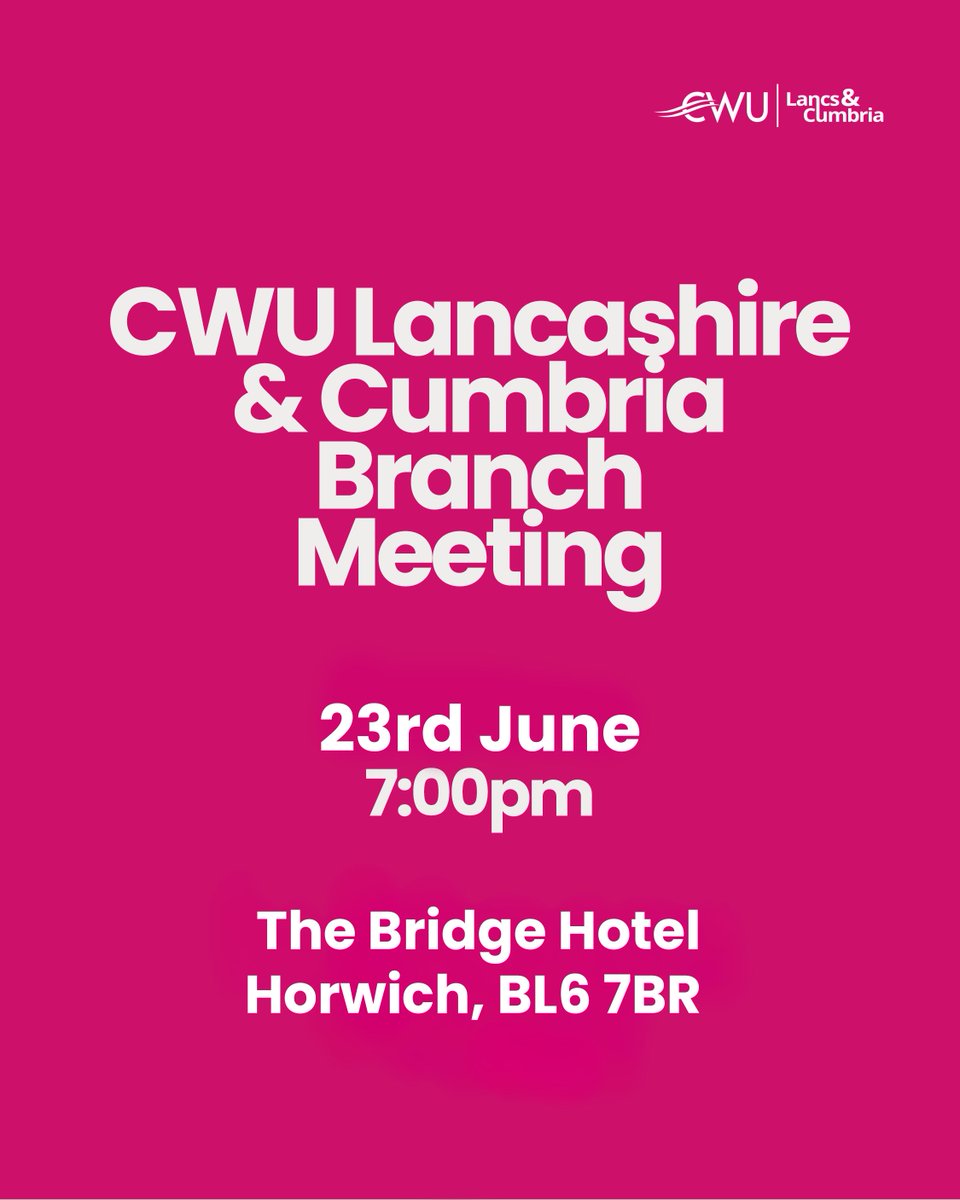 cwulancscumbria's tweet photo. Don’t forget! Our June Branch Meeting is MONDAY
🗓️ Monday 23rd June 🕖 7:00pm📍The Bridge Hotel, Horwich
No pressure — just real talk about your workplace, your rights, and your future.
✊ All CWU members welcome — and if you're not a member yet, this is a great time to join us. https://t.co/ouKCGsFxUX
