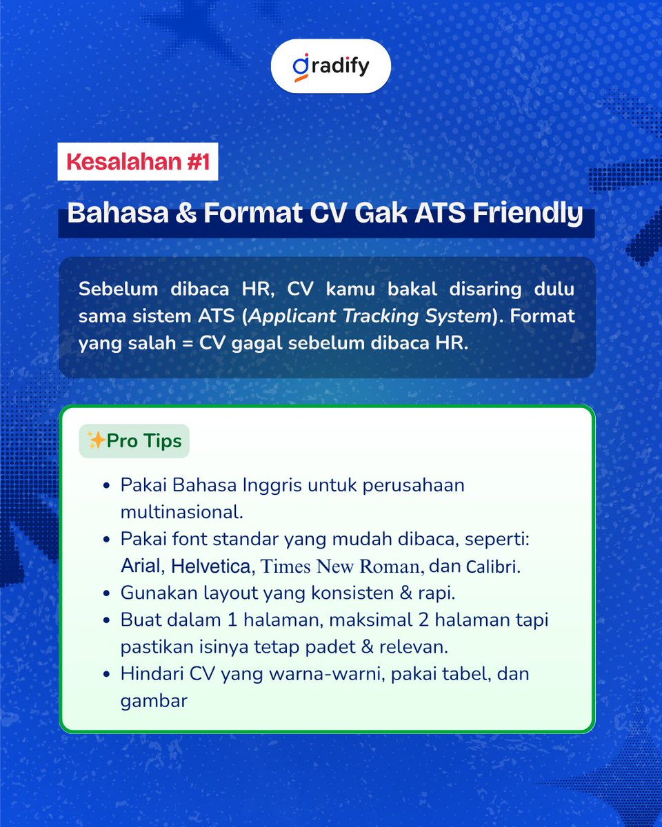 Gradifyid's tweet photo. 🚨 CV kamu sering di-skip HRD? Mungkin ini alasannya!

Udah ngirim puluhan lamaran tapi nggak pernah dipanggil? 😵‍💫
Coba cek, jangan-jangan CV kamu masih penuh kesalahan yang bikin HR langsung skip 🥲

Padahal CV itu bukan cuma formalitas, tapi pembuka jalan ke karier impian! https://t.co/sJToyqH5JU