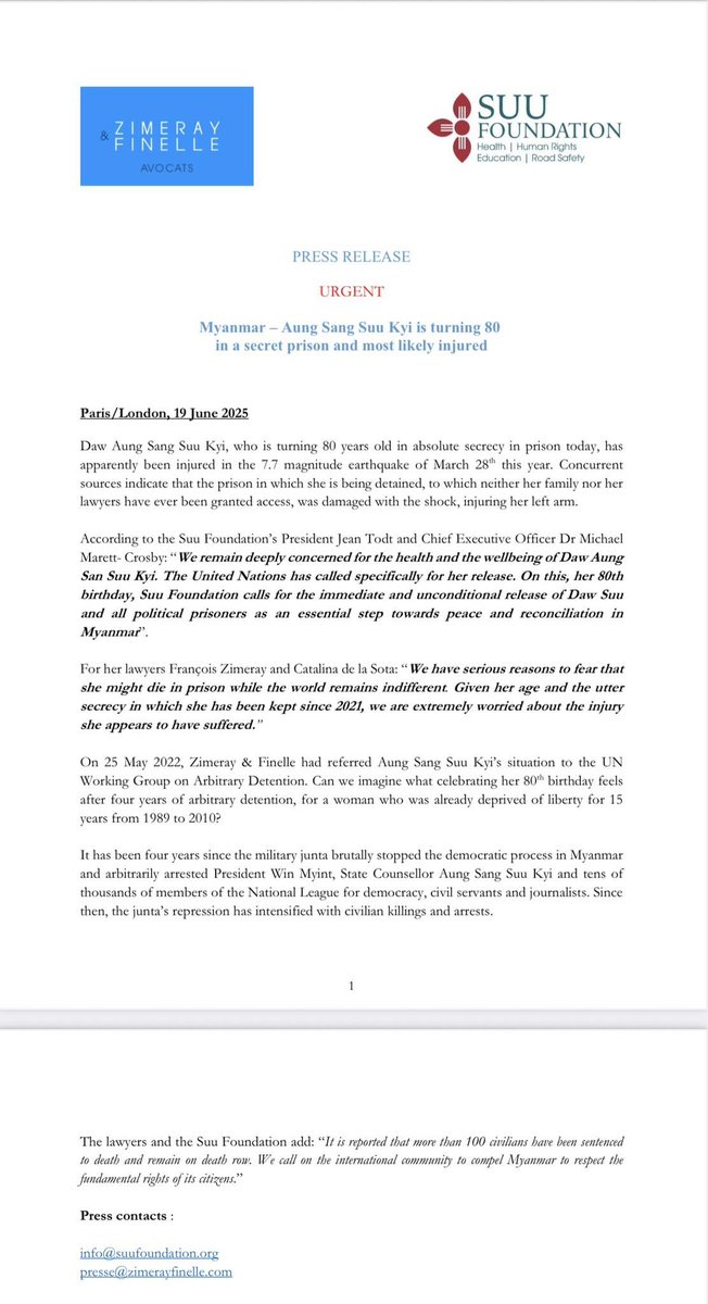 DrSasa22222's tweet photo. URGENT: DAW AUNG SAN SUU KYI INJURED AND STILL BEING MISTREATED BY THE JUNTA 

As we mark Daw Aung San Suu Kyi’s 80th birthday — a milestone that should be celebrated in freedom and dignity, Burma’s beloved State Counsellor and elected democracy leader remains locked in a prison cell, cut off from the world and denied even the most basic human rights.

It is now confirmed that she sustained injuries during the catastrophic 7.7-magnitude earthquake on March 28. Despite this, the military junta (SAC) continues to detain her under inhumane, degrading, and life-threatening conditions — a flagrant violation of international law and basic decency.

A press release issued by the Suu Foundation (see below) lays bare this dire situation. Multiple independent sources have since corroborated these deeply alarming reports.

This is a moment of critical international urgency.
We demand the immediate and unconditional release of Daw Aung San Suu Kyi.
Her health, freedom, and dignity must be protected without delay.

The world must act now.