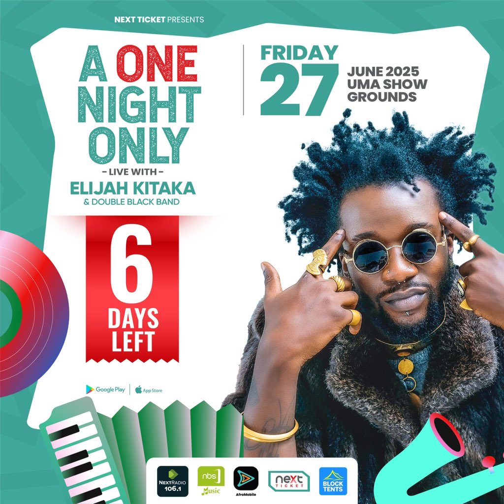 NextTicketug's tweet image. 6 days until we set the stage for vibes. 

@Elijah_Kitaka1 isn’t coming to perform, he’s coming to create a memory.

Don’t miss  the first ever edition of a #OneNightWithElijahKitaka concert on June 27th at UMA show grounds. 

Tickets: nextticket.com/events/a_one_n…

#NextTicketUG