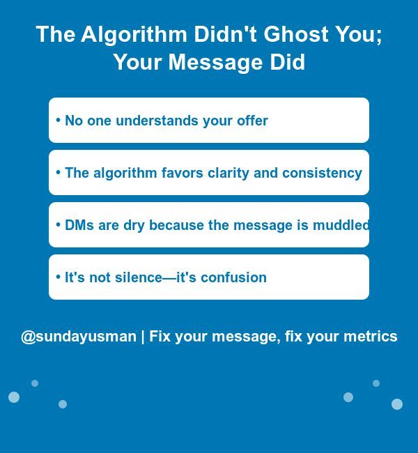 sundayusmane's tweet image. No DMs? It’s not the algorithm.
It’s unclear messaging.
Clarity always wins.
#ContentFix #MarketingGrowth #BrandMessaging
