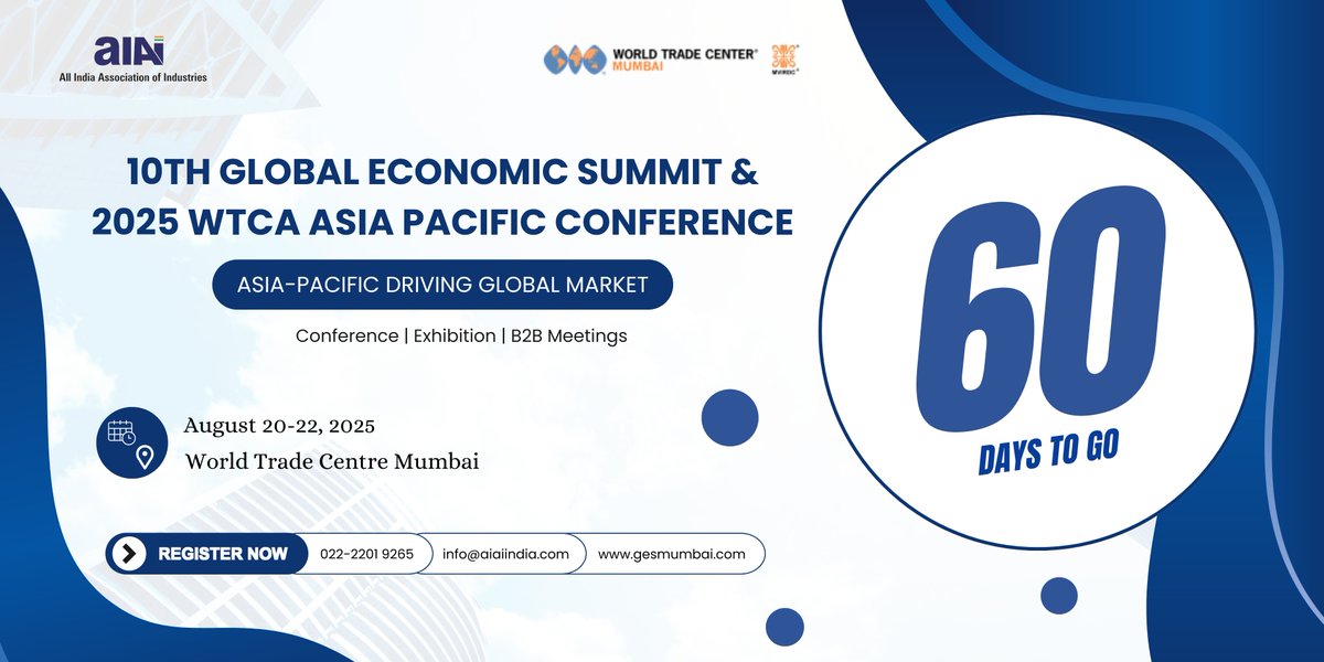 The countdown begins! Just 60 days to go for the 10th Global Economic Summit &amp; 2025 WTCA Asia Pacific Conference. Join us from August 20-22 at World Trade Centre Mumbai and be part of shaping the future of the Global Trade market.
#globaleconomicsummit #MumbaiEvents2025 #summit