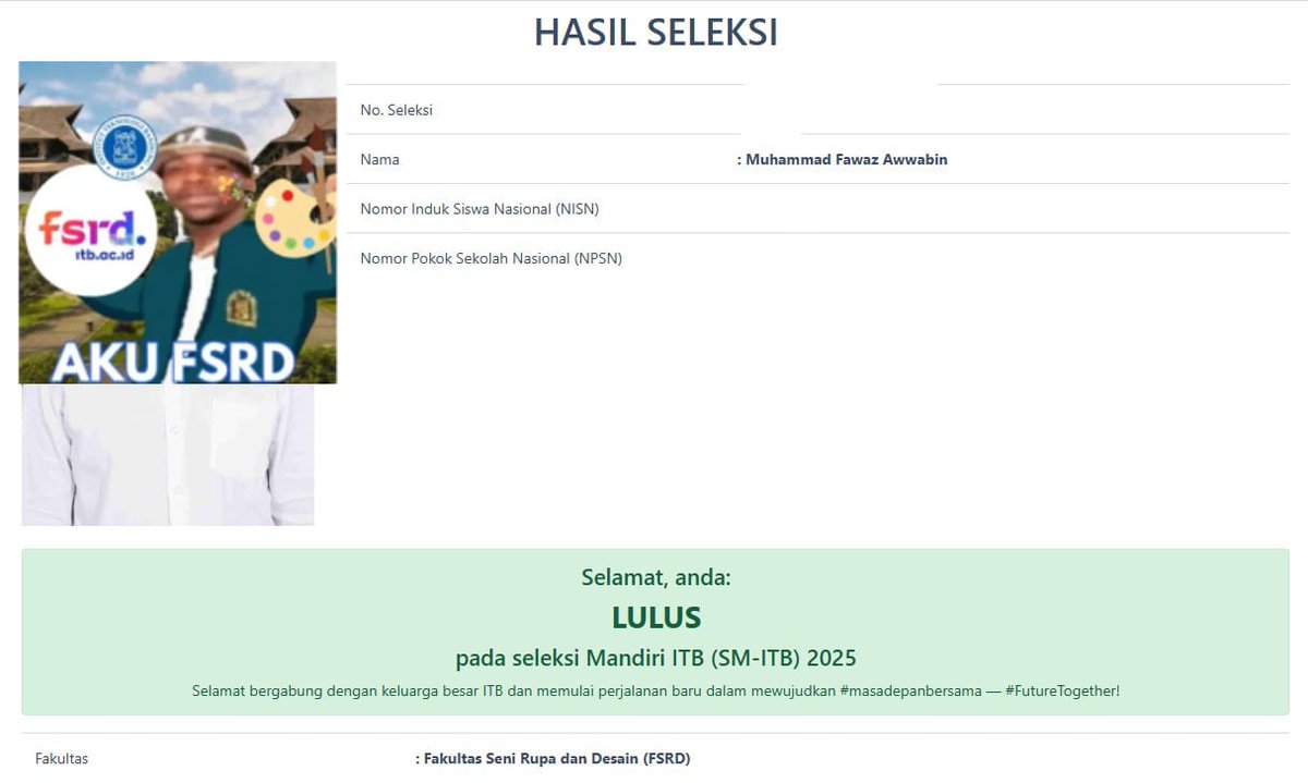muhammfawaz's tweet image. Alhamdulillah gajadi hatrick ditolak FSRD ITB, makasih ya Allah😭
#mandiriitb
#smitb 
#fsrditb
