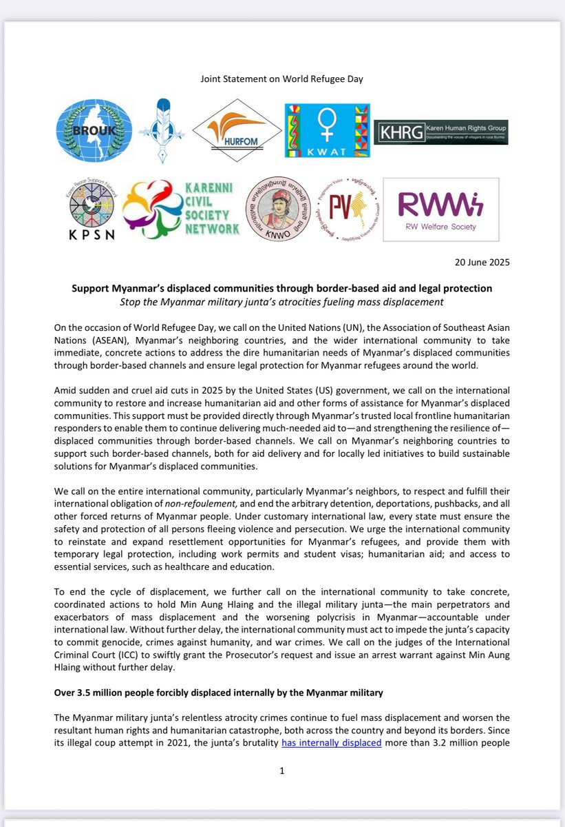On #WorldRefugeeDay, we are pleased to join forces with long-standing Burmese civil society organisations operating inside and across #Myanmar’s international borders to raise critical concerns and demand real change that addresses the root cause of all crises in Myanmar.