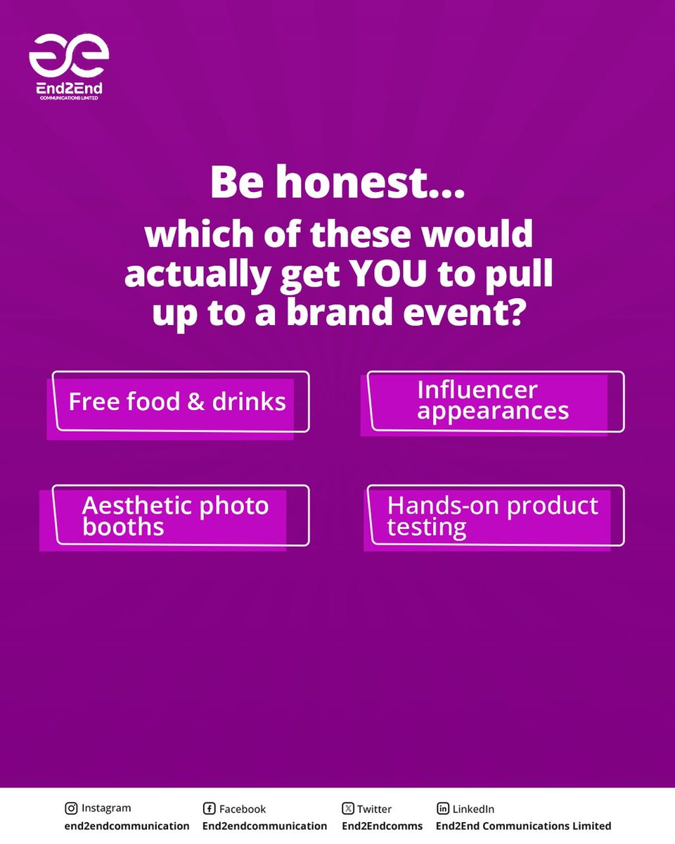 End2Endcomms's tweet image. Be real , what’s the one thing that actually gets you to attend a brand event?

We’re talking less “corporate” and more “core memory.”
Drop your pick 👇

Let&apos;s see who brands need to impress next.