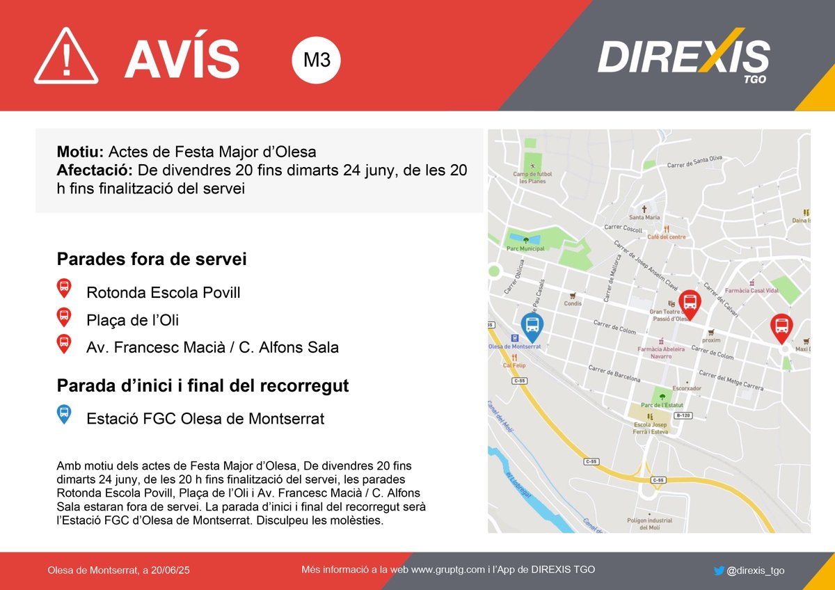 DIREXIS TGO (@direxis_tgo) on Twitter photo ⚠ Atenció #M3 <a href="/AjuntamentOlesa/">Ajuntament d'Olesa</a>
🗓 De divendres 20 fins dimarts 24 juny, de les 20 h fins finalització del servei
⛔ Parades fora de servei
Amb motiu de la Festa Major d'#OlesadeMontserrat, hi hauran parades fora de servei. Disculpeu les molèsties ⚠ Atenció #M3 <a href="/AjuntamentOlesa/">Ajuntament d'Olesa</a>
🗓 De divendres 20 fins dimarts 24 juny, de les 20 h fins finalització del servei
⛔ Parades fora de servei
Amb motiu de la Festa Major d'#OlesadeMontserrat, hi hauran parades fora de servei. Disculpeu les molèsties