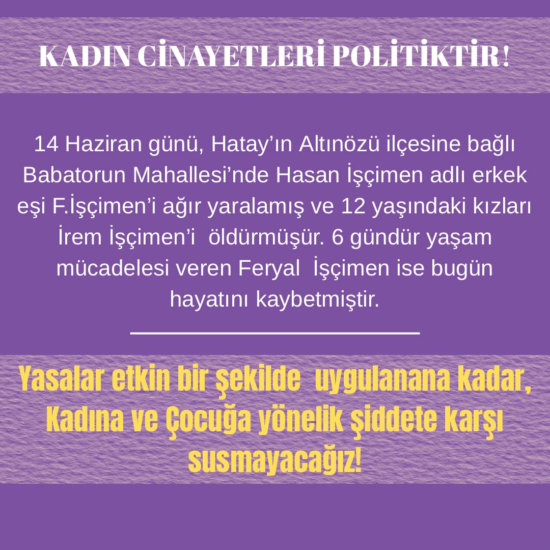 Erkek şiddeti yine can aldı. Aile yılında bir erkek, ailesi olan kızı ve eşini öldürdü. Kadınların ve çocukların hayatını kurtarmadığınız bir aile mümkün müdür?

Soruyoruz!
Daha kaç kadını ve çocuğu aileye kurban edecek yasalarınız? 

İstanbul Sözleşmesini ve haklarımızı geri
