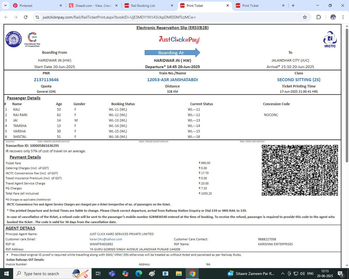 karan24u's tweet photo. @railcomplaint Respected Sir/mam kindly help me I booked tickets from Haridwar to Jalandhar city,before my status was showing confirm and now it’s showing waiting list my family is standing over there at Haridwar railway station. Kindly help the needful https://t.co/tn9NjOyd8p