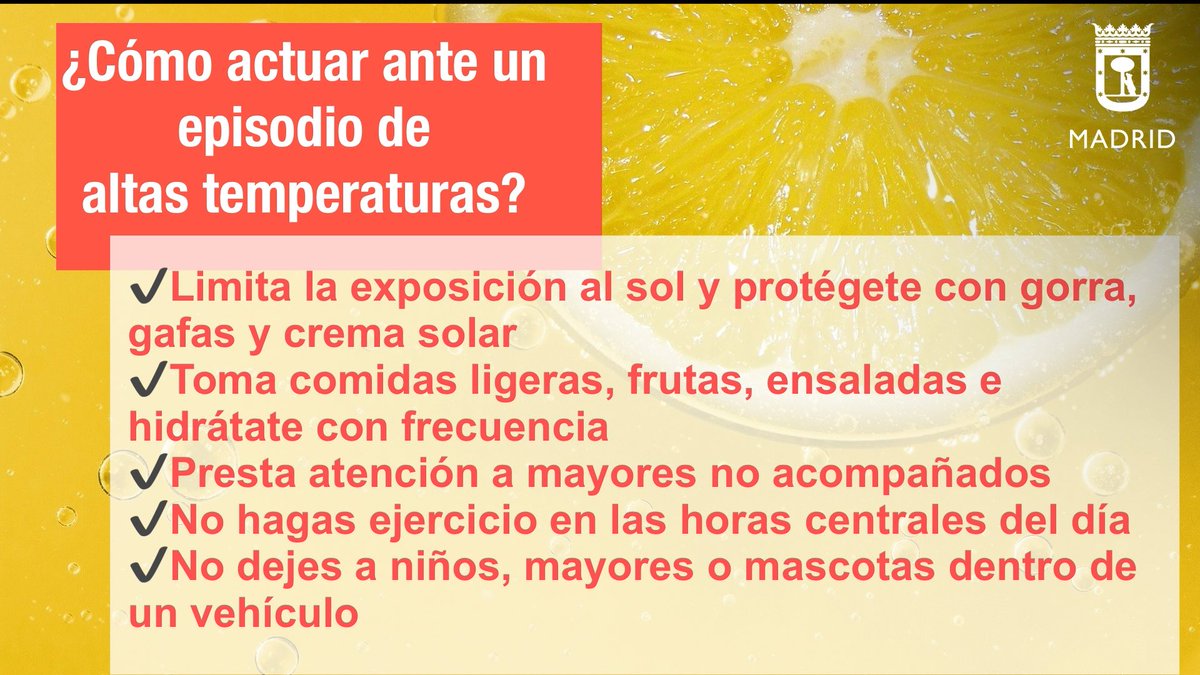 Emergencias Madrid (@emergenciasmad) on Twitter photo Recuerda que hoy y mañana sábado tenemos aviso amarillo de <a href="/AEMET_Madrid/">AEMET_Madrid</a> por altas temperaturas en #Madrid, que en la Sierra podrán ir acompañadas de tormentas
Protégete frente al calor Recuerda que hoy y mañana sábado tenemos aviso amarillo de <a href="/AEMET_Madrid/">AEMET_Madrid</a> por altas temperaturas en #Madrid, que en la Sierra podrán ir acompañadas de tormentas
Protégete frente al calor