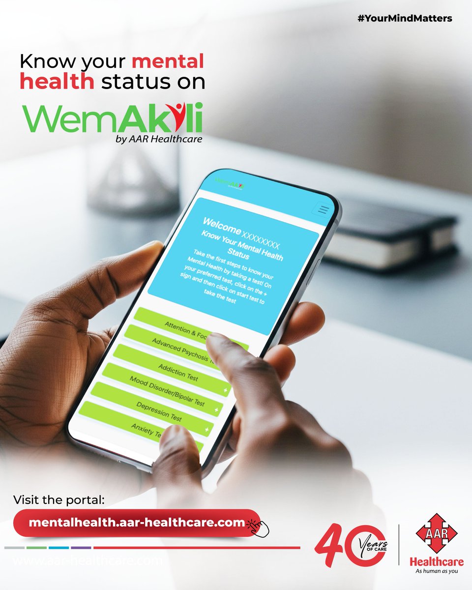 It's perfectly okay if your mind feels uncertain. Whether it's anxiety or unusual experiences you can't quite explain, WemAkili gently guides you toward understanding what's happening.​
​Visit: mentalhealth.aarhealthcare.com​
Suicide Crisis? Call 0725 225 225 | 0734 225 225​
 #WemAkili