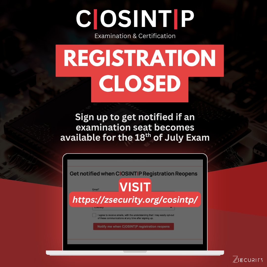 🚨 C|OSINT|P Registration is Now Closed! 🚨
The countdown begins — you have 28 days to sharpen your OSINT skills before the big exam! 🔍💻
💡 Missed out on registration? Don’t worry!

👉 Sign up on our website to get notified if a seat opens up for the July 18th exam or for