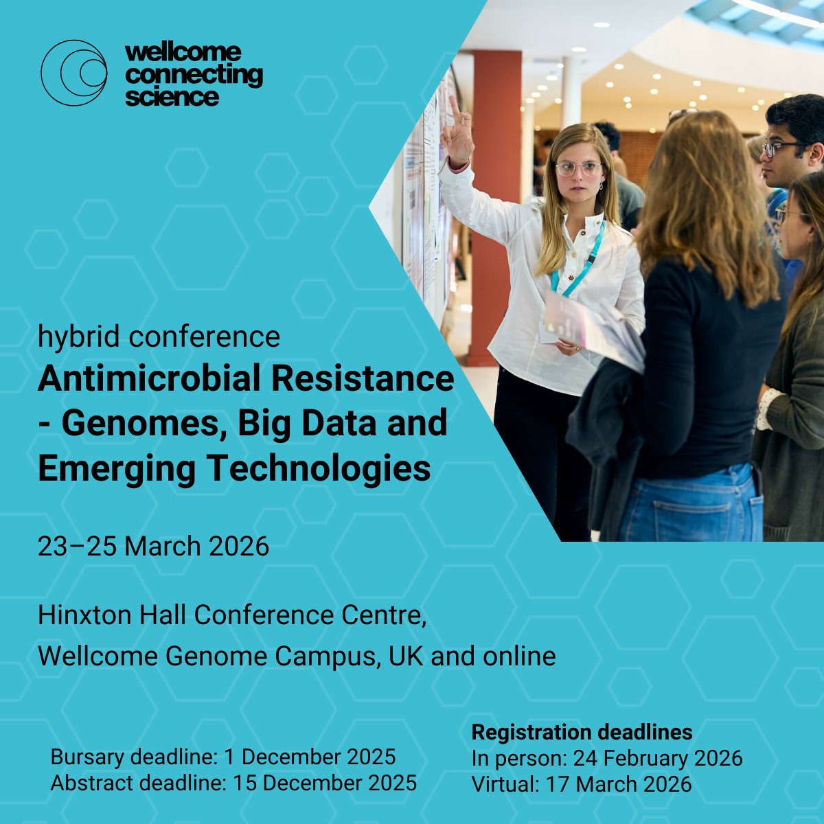 eventsWCS's tweet image. Explore the important role of #genomics and data-driven technologies for accelerating advances in global #AMRresearch, at our Antimicrobial Resistance conference! #AMR2026
🗓️ 𝗦𝗮𝘃𝗲 𝘁𝗵𝗲 𝗱𝗮𝘁𝗲: 𝟮𝟯–𝟮𝟱 𝗠𝗮𝗿𝗰𝗵 𝟮𝟬𝟮𝟲
📎 bit.ly/4jOzvtf