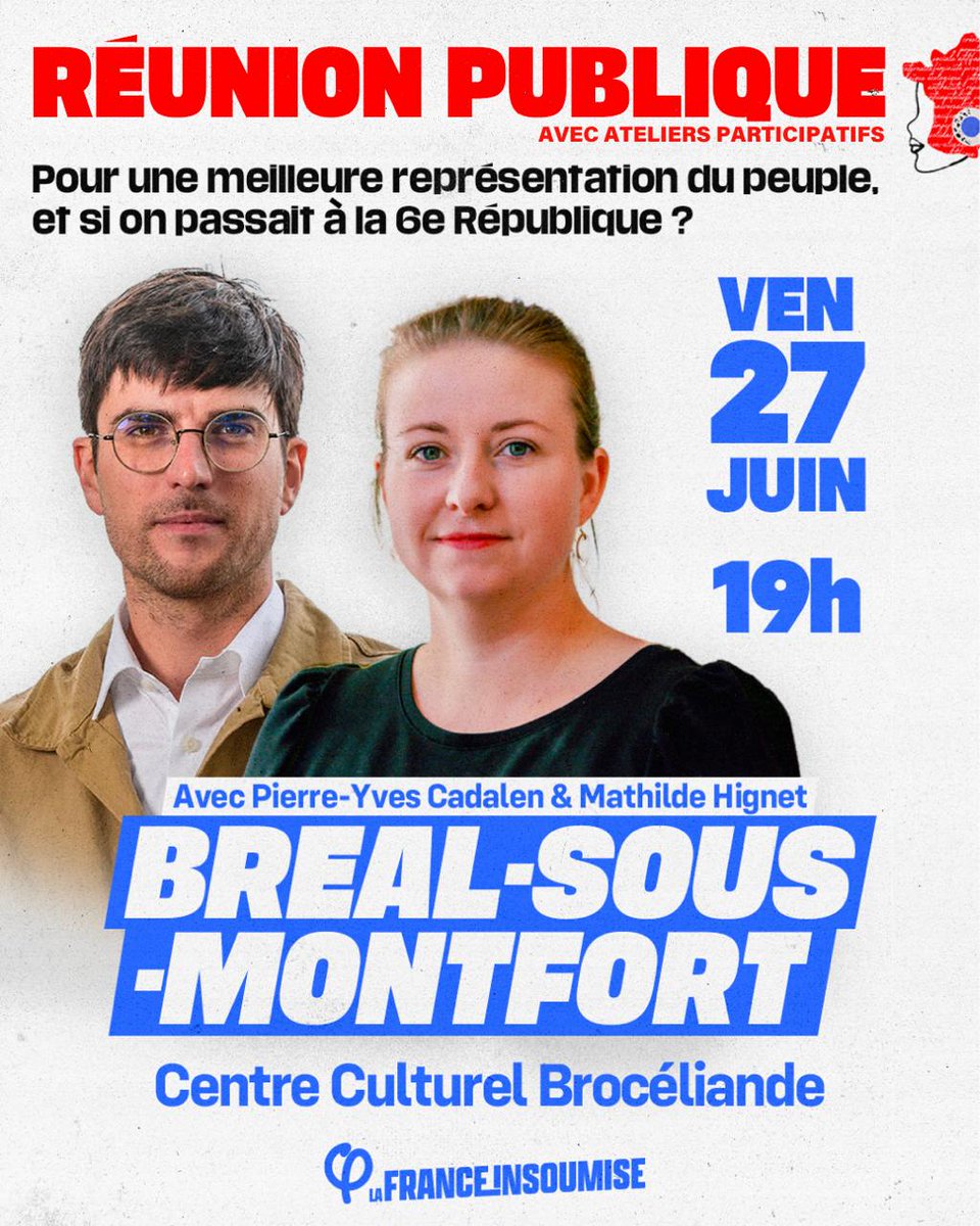 Mathilde Hignet (@mathildehignet) on Twitter photo Face aux nombreux dénis démocratiques, la Ve République est à bout de souffle.
Et si pour une meilleur représentation du peuple, on passait à la 6ème République ?
📍RDV le 27 juin à 19h à Bréal-sous-Montfort, avec <a href="/pycadalen/">Pierre-Yves Cadalen</a>.
Ensemble, redonnons au peuple toute sa place ! Face aux nombreux dénis démocratiques, la Ve République est à bout de souffle.
Et si pour une meilleur représentation du peuple, on passait à la 6ème République ?
📍RDV le 27 juin à 19h à Bréal-sous-Montfort, avec <a href="/pycadalen/">Pierre-Yves Cadalen</a>.
Ensemble, redonnons au peuple toute sa place !