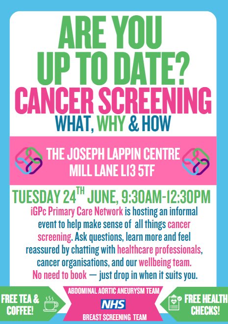Come along to our Cancer Screening education event at the Joseph Lappin Centre next week !! #igpcpcn