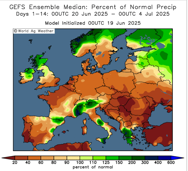 France #wheat feels the beat of the heat, slipping to 68%, down 2% pts on week after dryness &amp; hot weather

Temperatures to be above average across much of Europe for the next 2 weeks with limited rainfall...