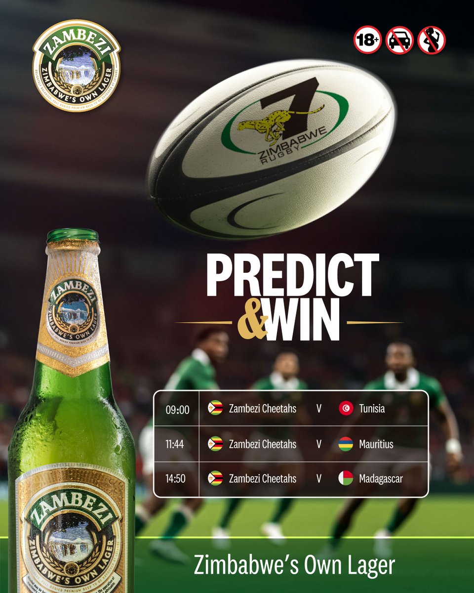 🇿🇼🏈 Cheetahs hit Mauritius 7s this Sat! Predict scores for all 3 matches (vs. Tunisia, Mauritius, Madagascar) &amp; tag a friend. Get at least 2 correct for a chance to WIN a case of Zambezi Lager &amp; merch! #ZambeziCheetahs #Africa7s Predictions close June 21, 9 AM! 👇