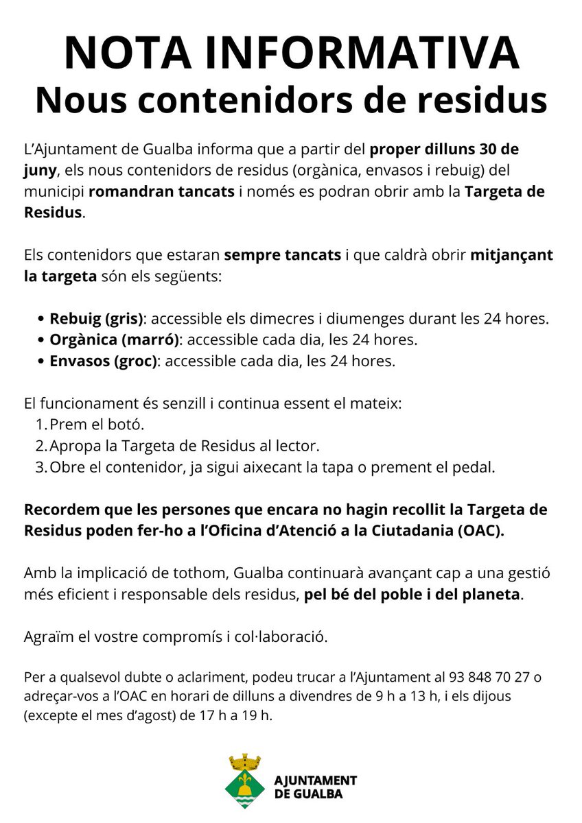 gualbainfo's tweet image. 🔔 A partir del 30 de juny, els contenidors d’#orgànica, #envasos i #rebuig de #Gualba estaran tancats i només s’obriran amb la Targeta de Residus.

🟫 Orgànica: cada dia, 24 h
🟨 Envasos: cada dia, 24 h
⬛ Rebuig: dimecres i diumenges, 24 h

ℹ️ Recull la teva targeta a l’OAC! ♻️
