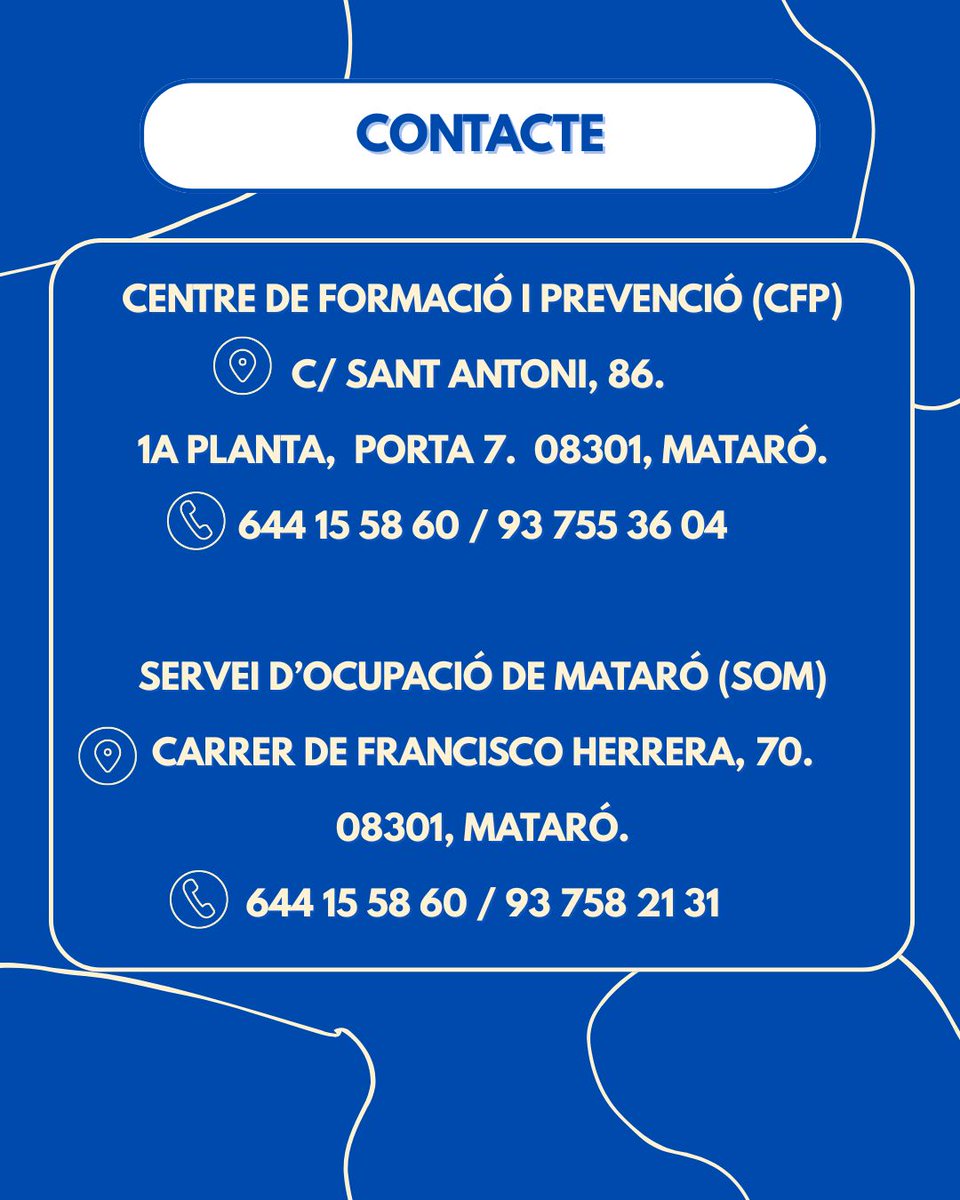 CFP Maresme (@cfpmaresme) on Twitter photo 🎉Presentem el Punt Inclusiu
Un servei professional pensat per facilitar la #inserciólaboral de persones amb diagnòstic de salut mental o malestar emocional. Amb la col·laboració de <a href="/FundlaCaixa/">Fundación ”la Caixa”</a> .
.
📍Dins el SOM de Mataró
#ConvocatòriesProjectesSocials #FundacióLaCaixa 🎉Presentem el Punt Inclusiu
Un servei professional pensat per facilitar la #inserciólaboral de persones amb diagnòstic de salut mental o malestar emocional. Amb la col·laboració de <a href="/FundlaCaixa/">Fundación ”la Caixa”</a> .
.
📍Dins el SOM de Mataró
#ConvocatòriesProjectesSocials #FundacióLaCaixa