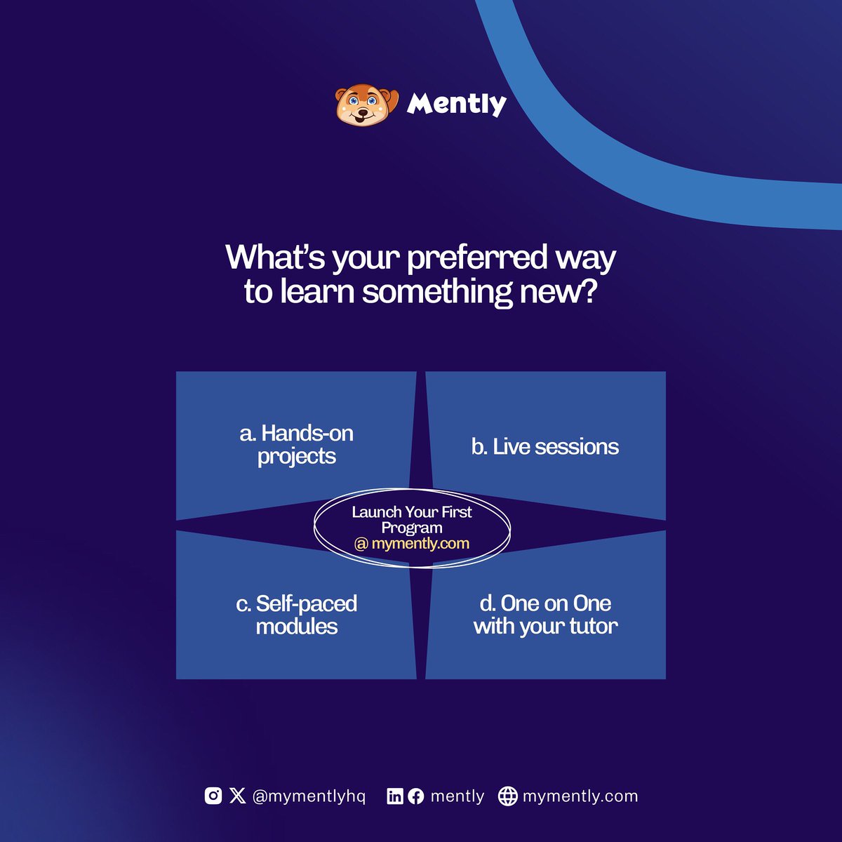 mymentlyhq's tweet photo. Whatโs your best way to learn something new?
Let us know in the comment.
#mently #edtech #mentorship #knowledgesharing #tgif #learningstyles https://t.co/MixMWbclCx