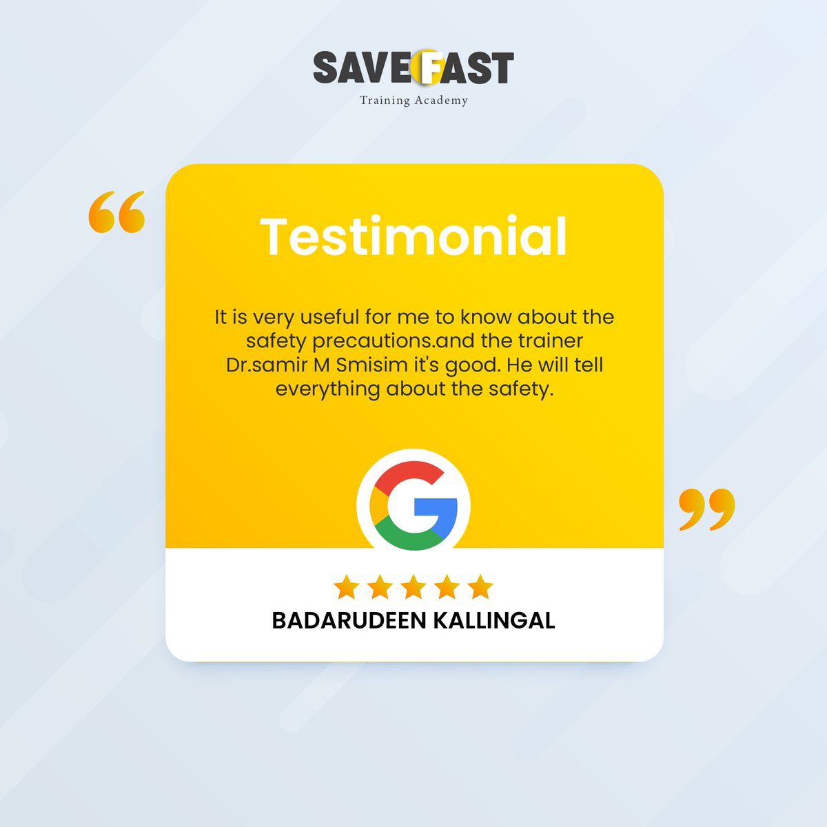 save_fast's tweet photo. Don’t just take our word for it — hear it from those who trained with us!
Real reviews from real participants highlight the impact of SaveFast’s expert-led safety training.
Your safety is our mission.
#ParticipantVoices #SafetyMatters #SaveFastExperience https://t.co/H3p9ky5cgQ