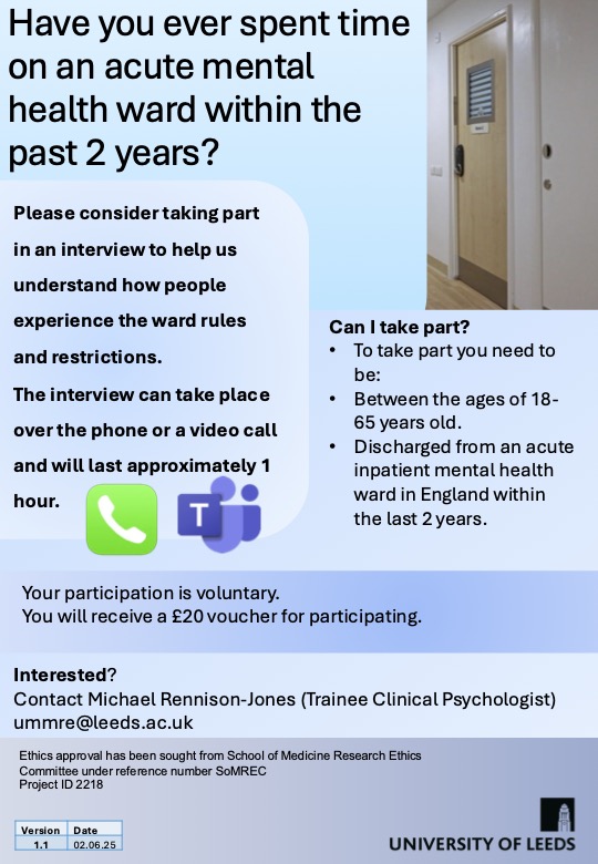 I am recruiting for my research. 
Are you between the ages of 18-65 and have been discharged from an acute inpatient mental health ward in England in the past 2 years? 
If you would like to take part in my research and talk about your experiences, email: ummre@leeds.ac.uk #DClin