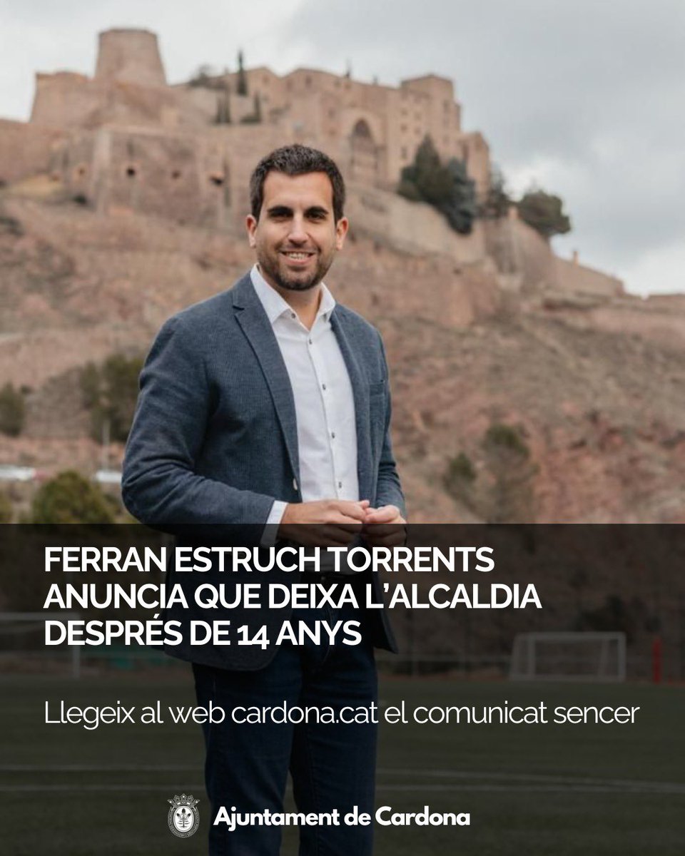 ajtcardona's tweet photo. 📝 Ferran Estruch Torrents anuncia que deixa l’alcaldia després de 14 anys

✍🏽L’alcalde explica en una carta que fa el relleu a mig mandat per motius personals i posa fi a catorze anys al capdavant del consistori

Llegeix el comunicat sencer: https://t.co/YXuZYiBwMO https://t.co/QZFv6OBUXK