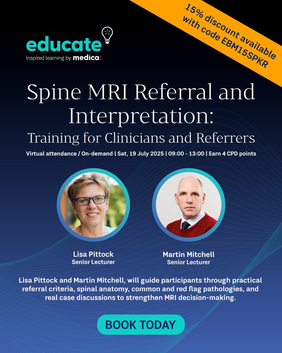 Just one month to go until our Spine MRI: Referral &amp; Interpretation Training for Clinicians and Referrers course!

📅 Saturday 19 July 2025 | 💻 Virtual &amp; On-demand | 🎓 Earn 4 CPD Points

This half-day course is perfect for medical and non-medical referrers