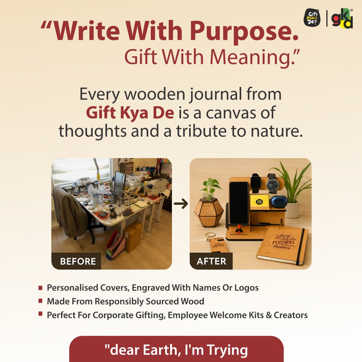 GiftKyaDe's tweet image. ✨ Purpose meets personalization.
From wooden journals to reusable bottles, each piece by Gift Kya De is handcrafted, eco-friendly &amp;amp; made just for you. 🌿
Redefine gifting. Redefine utility.

Contact us at :+91-6232025840 | +91-6262886464

#EcoFriendlyDesign #SustainableLiving