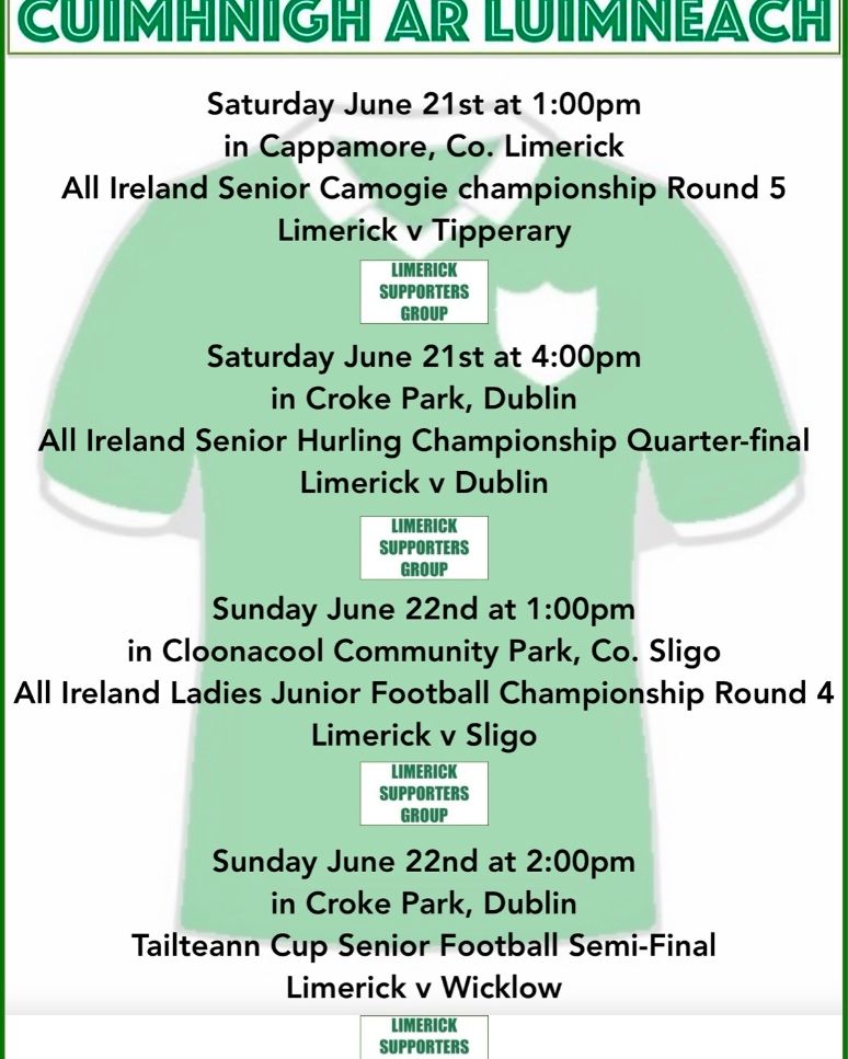 What a weekend of action ahead😃

Best of luck to all 4 Limerick Senior teams in their respective big games on Saturday and Sunday🤞🏻🤞🏻🤞🏻🤞🏻

Special mention to the many current and former JTBCS students involved🟢⚪️

#luimneachabú 

<a href="/LimCamogie/">Limerick Camogie</a> <a href="/LKLadiesGaelic/">LimerickLadiesGaelic</a>
<a href="/LimerickCLG/">Limerick GAA</a>