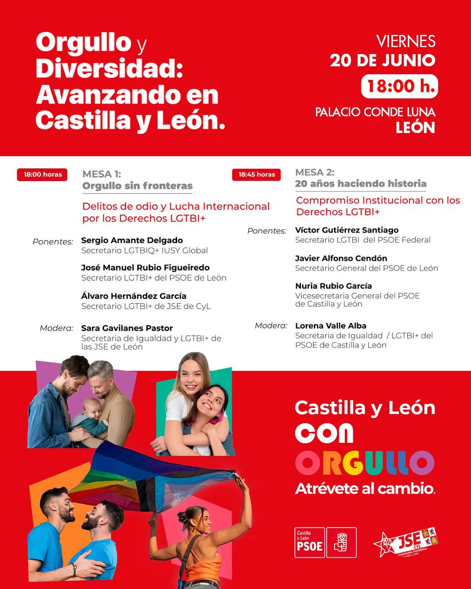 PSOE León /♥️ (@pslpsoe) on Twitter photo Es el momento de avanzar en derechos LGTBI+ en Castilla y León.
🏳️🌈 Este viernes te esperamos en León en un evento clave sobre el orgullo y la diversidad.
🕕 A las 18:00 h.
📍 Palacio del Conde Luna
🎤 Presentado por <a href="/Pablo_bodega/">Pablo Bodega</a>
#CyLconOrgullo Es el momento de avanzar en derechos LGTBI+ en Castilla y León.
🏳️🌈 Este viernes te esperamos en León en un evento clave sobre el orgullo y la diversidad.
🕕 A las 18:00 h.
📍 Palacio del Conde Luna
🎤 Presentado por <a href="/Pablo_bodega/">Pablo Bodega</a>
#CyLconOrgullo