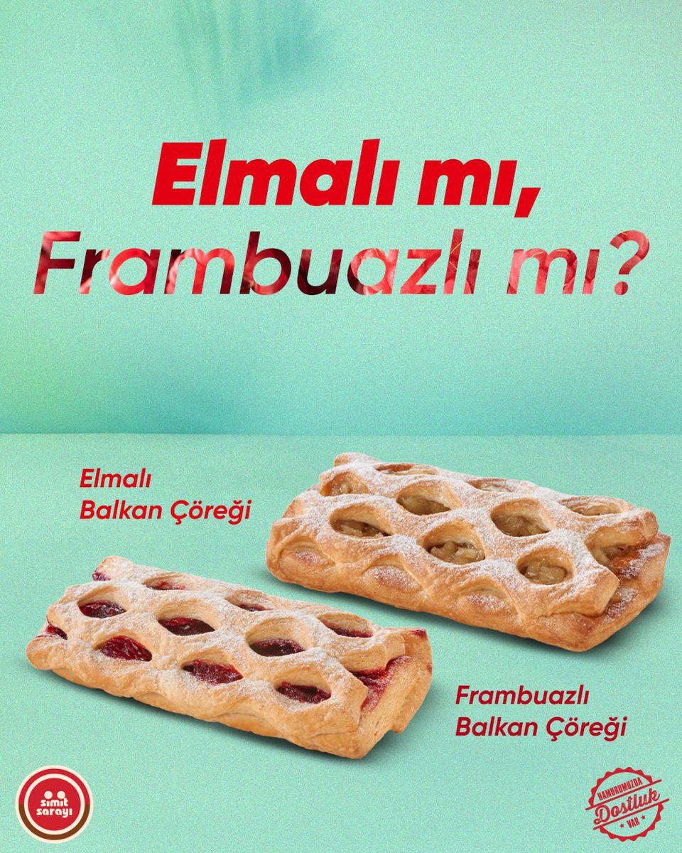 Tatlıyı sıradan olmaktan çıkaran o tatlar burada: Elmalı mı, Frambuazlı mı? 🍎🍓
İki efsane Balkan Çöreği, iki ayrı lezzet yolculuğu.
Peki sen hangisini seçerdin? 

#SimitSarayı #HamurumuzdaDostlukVar