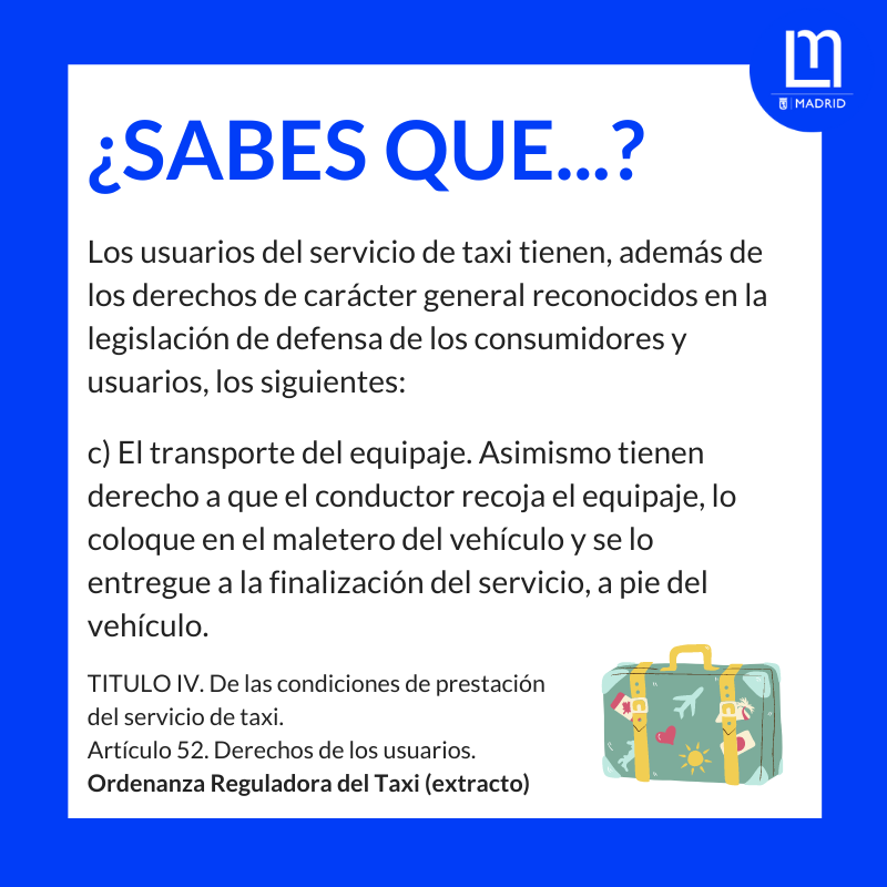 ¿Sabes que...? 🚕
«Los usuarios del servicio de taxi [...] tienen derecho a que el conductor recoja el equipaje [...]» 
«Ordenanza reguladora del #taxi» 👉 bit.ly/44kJuP8
#Ordenanza📢