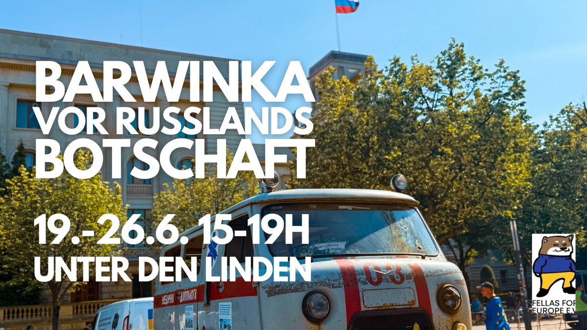 Fella лупо 🇩🇪🇺🇦 🇪🇺 #NAFO (@ralupo) on Twitter photo Die Barwinka von <a href="/fellas4europe/">Fellas for Europe e.V.</a> ist ein Zeugnis russischer Kriegsverbrechen in der Ukraine: ein mit Schrapnelleinschlägen übersäter Krankenwagen. Bis 26.6. steht er jetzt direkt vor der russischen Botschaft mitten in #Berlin. Die Barwinka von <a href="/fellas4europe/">Fellas for Europe e.V.</a> ist ein Zeugnis russischer Kriegsverbrechen in der Ukraine: ein mit Schrapnelleinschlägen übersäter Krankenwagen. Bis 26.6. steht er jetzt direkt vor der russischen Botschaft mitten in #Berlin.