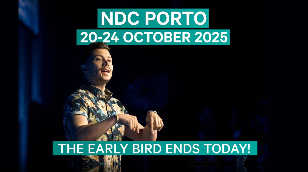 NDC Conferences (@ndc_conferences) on Twitter photo The NDC Porto Early Bird offer ends today ⏰
Don't miss out on amazing speakers like <a href="/nickchapsas/">Nick Chapsas</a>, <a href="/dylanbeattie/">Dylan Beattie has gone to BlueSky</a> , @mishmanners, <a href="/robconery/">Rob Conery moved to BlueSky (@robconery.com)</a>, @laylacodesit and more!
See the full agenda and secure your tickets at ndcporto.com The NDC Porto Early Bird offer ends today ⏰
Don't miss out on amazing speakers like <a href="/nickchapsas/">Nick Chapsas</a>, <a href="/dylanbeattie/">Dylan Beattie has gone to BlueSky</a> , @mishmanners, <a href="/robconery/">Rob Conery moved to BlueSky (@robconery.com)</a>, @laylacodesit and more!
See the full agenda and secure your tickets at ndcporto.com