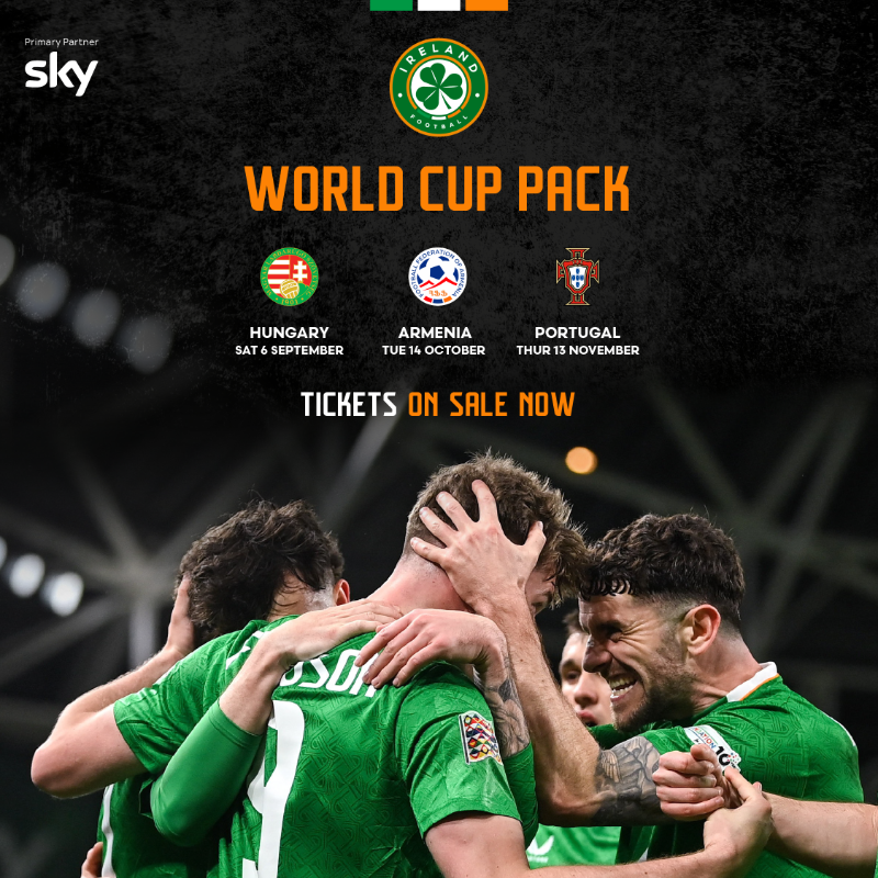 IrelandFootball's tweet photo. 𝗢𝗡 𝗦𝗔𝗟𝗘 𝗡𝗢𝗪 🏟️🎟️

The World Cup Pack for our 2026 FIFA World Cup qualifiers against Hungary, Armenia &amp; Portugal are on sale now 🇮🇪

Adult pack pricing starts at €125 with Junior packs starting at €75