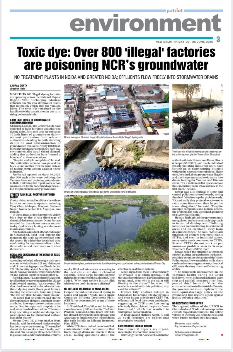 Varun Gulati🇮🇳 (@lordyamraaj) on Twitter photo Thanks <a href="/Patriot_Delhi/">The Patriot</a> for covering this sensitive issue related to water pollution in river #Yamuna by #Dyeing units operating in #Noida, #Greater Noida and #Ghaziabad.
More than 250 MLD of untreated effluent discharged each day into Yamuna. Everyone should know whom to blame Thanks <a href="/Patriot_Delhi/">The Patriot</a> for covering this sensitive issue related to water pollution in river #Yamuna by #Dyeing units operating in #Noida, #Greater Noida and #Ghaziabad.
More than 250 MLD of untreated effluent discharged each day into Yamuna. Everyone should know whom to blame