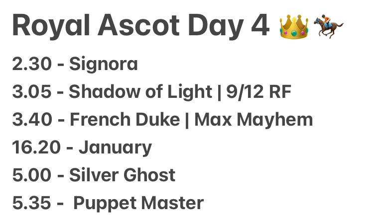 MaxRacingReview's tweet photo. Royal Ascot Day 4 Selections 🏇👑

Ryan Moore to get the ball rolling quickly 🐐

Appleby to get his first winner at the meeting since 2022 🔵

Max Mayhem (Just because the name 😂) https://t.co/tKviY2zKvW