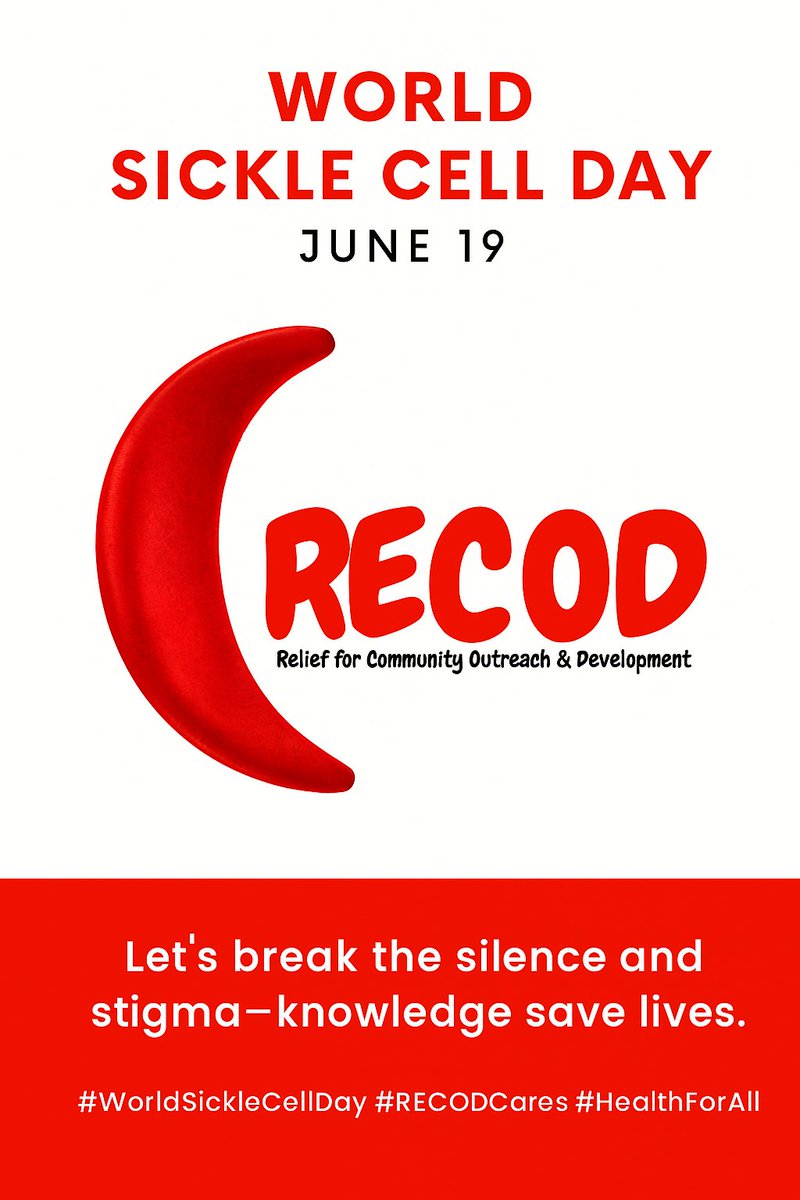 RECOD_Info's tweet photo. June 19 – World Sickle Cell Day
Sickle cell is not just a health issue, it’s a social justice issue. At RECOD, we are committed to promoting health equity and supporting vulnerable communities.
Every voice counts. Every life matters.
#StopThePain #RECOD #SickleCellAwareness https://t.co/a8OLW74642