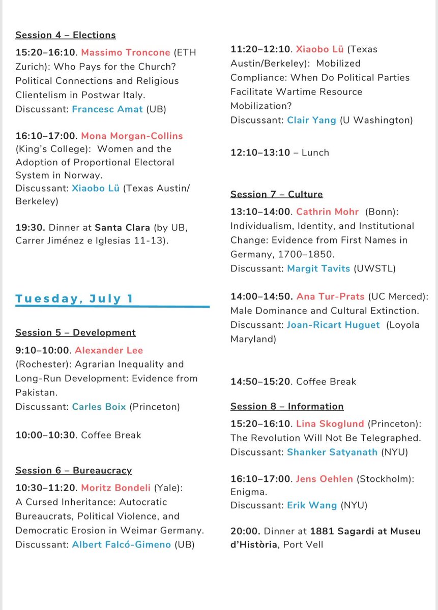 Francesc Amat (@cescamat) on Twitter photo Very happy to share the program for the 3rd edition of the Yale-UB Historical Political Economy Workshop.
Taking place at the University of Barcelona on June 30th and July 1st.
Really looking forward to it!
Cc: <a href="/DidacQueralt/">Dídac Queralt</a> Very happy to share the program for the 3rd edition of the Yale-UB Historical Political Economy Workshop.
Taking place at the University of Barcelona on June 30th and July 1st.
Really looking forward to it!
Cc: <a href="/DidacQueralt/">Dídac Queralt</a>