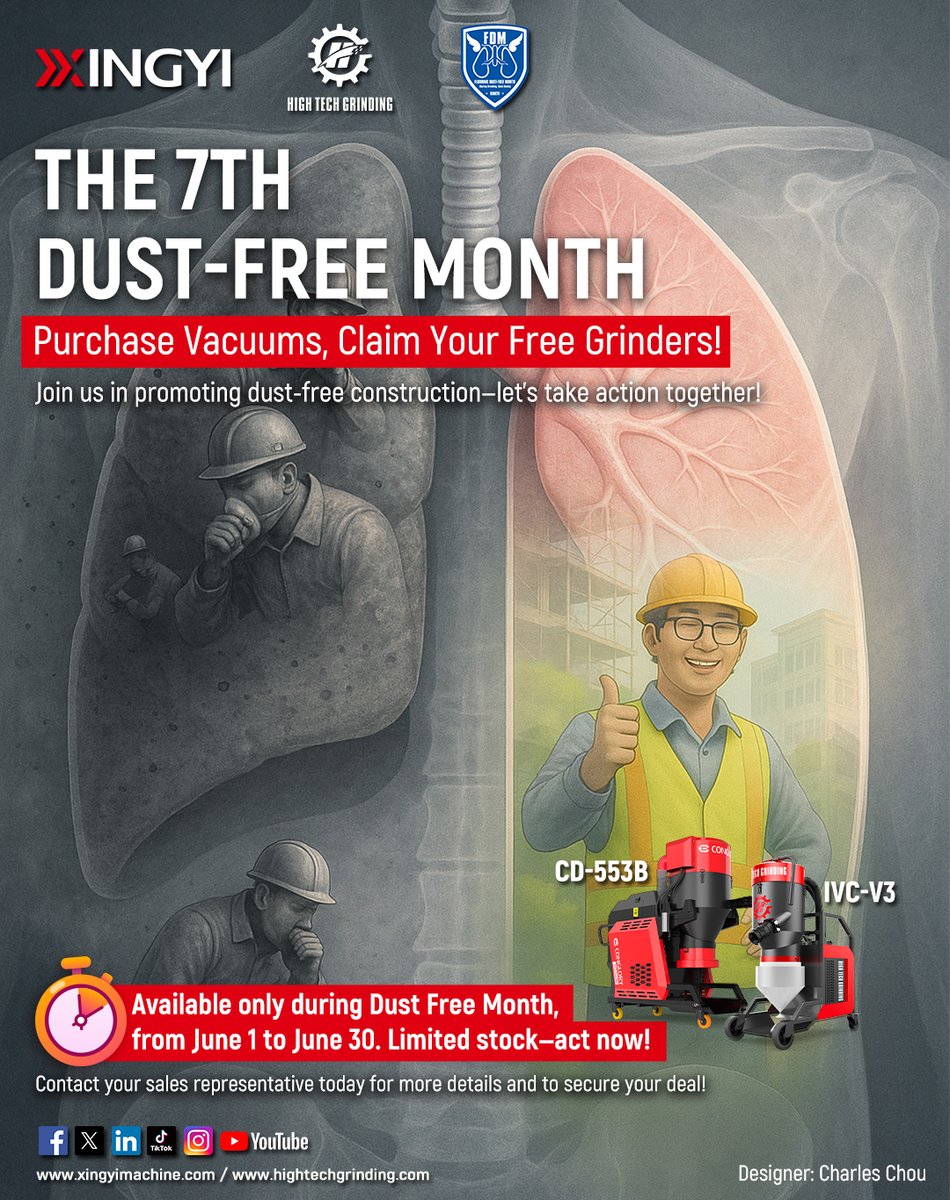 XingyiGlobal's tweet image. ✨ GO DUST-FREE. WORK SMART. ✨
Join Xingyi’s 7th DustFreeMonth!

Dust kills efficiency &amp;amp; health.  
Vacuum tech solves it:
✅ Breathe Safe — Block harmful particles  
✅ Stay Green — Zero dust pollution  
✅ Save $$$ — Skip cleanup, finish faster  

👉 Act NOW #concretegrinder