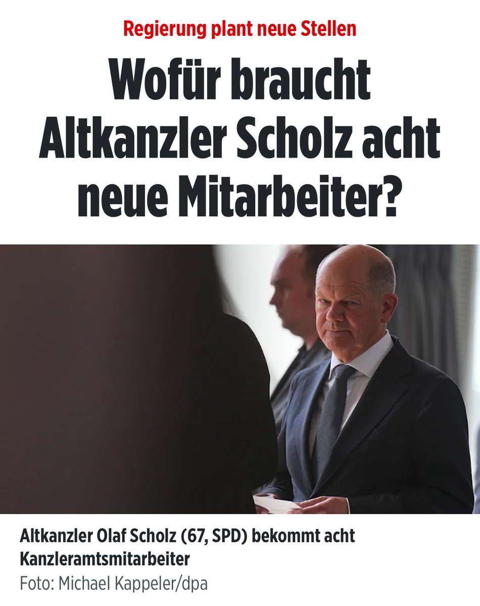 😅😅😅

„Die beabsichtigte Ausstattung des Büros des Bundeskanzlers a. D. Scholz übersteigt zwar die Vorgabe.“ ABER, führt dann erklärend aus: „Aufgrund der zu erwartenden Entwicklung seiner nachamtlichen Tätigkeit, u.a. fiel der russische Überfall auf die Ukraine in die