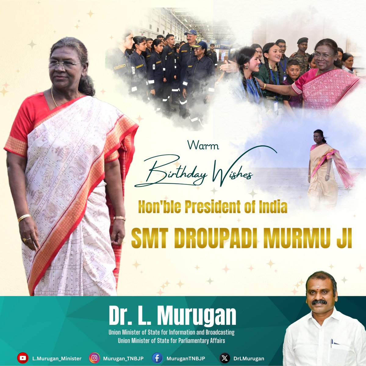 Conveying my heartfelt wishes to Honourable President of India, Smt Droupadi Murmu ji, on her birthday. Our Hon'ble President's tireless efforts towards driving positive change in society have been truly inspiring. On this special occasion, I wish her abundant good health,