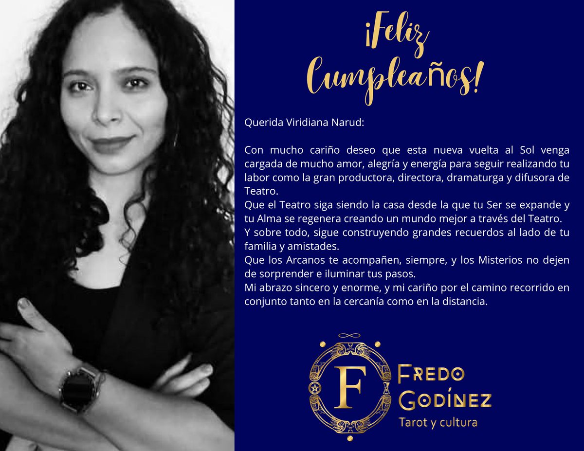 #HoyEsCumple de la muy querida y admirada <a href="/viridianaeunice/">Viridiana Nárud 🧩</a>; dramaturga, directora, productora y difusora de Teatro. 
Fundadora del Centro Cultural Máquinas Simples.
¡Qué sea una gran vuelta al Sol!
Va un abrazo con mucho cariño.
🥳🎊🎉🎁🎂.