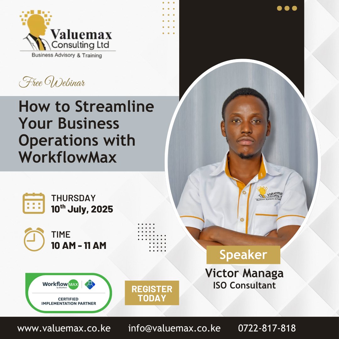 Valuemaxnairobi's tweet image. Running your business shouldn’t feel like juggling chaos.
Learn how to simplify your operations with WorkflowMax 👇
🗓️ 10th July | 🕙 10–11 AM
🎙️ Victor Managa, ISO Consultant
🔗 bit.ly/3FXXsk6
#WorkflowMax #Valuemax #ISOStandards #BusinessEfficiency #Webinar