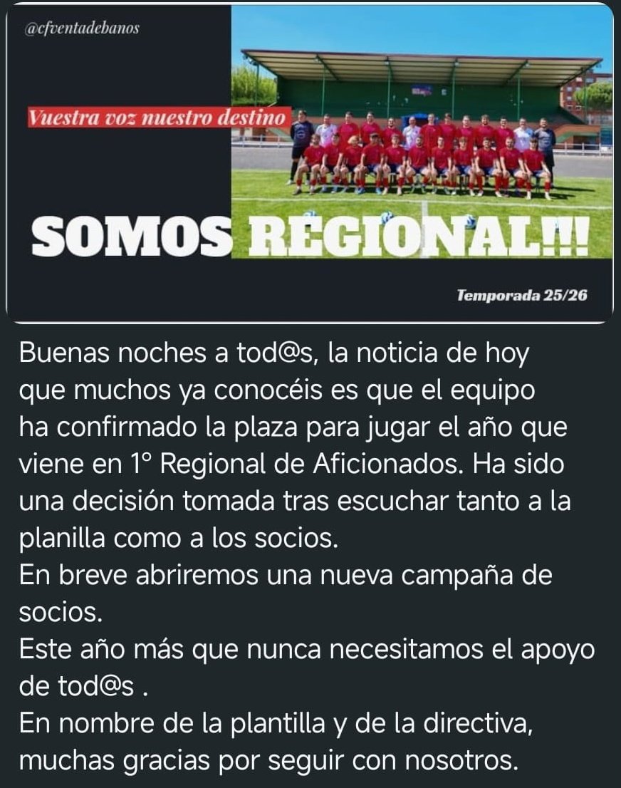 🚨 Oficial. El <a href="/Cfventadebanos/">CF Venta de Baños</a> es equipo de regional. Después de 4 temporadas vuelve a la categoría. Enhorabuena al club y al pueblo de Venta de Baños. ⚽❤️
<a href="/FCyLF/">RFCYLF</a>  #futbolRegional #futbol #CastillayLeon #Palencia