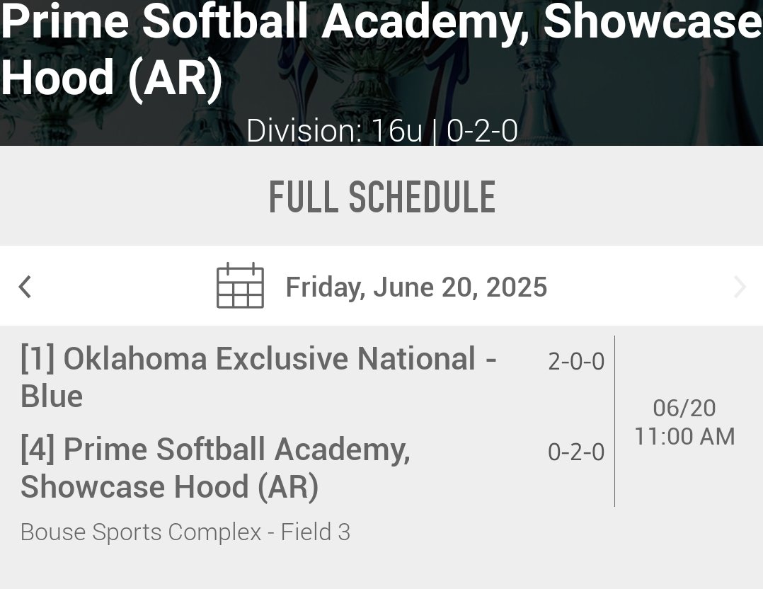 Not the result we was looking for during pool play, but there is always tomorrow. We play at 11am on Field 3. Thank you to the Coaches who stopped and watched us play today!
<a href="/robynleightonn/">Robyn Leighton</a> <a href="/CarsonDuBose/">Carson DuBose</a> <a href="/McLennan_SB/">McLennan Softball</a> <a href="/coach_moralez/">Coach Moralez</a> <a href="/bohanan25/">Morgan Bohanan</a>

<a href="/ar_prime_sb/">ARPrimeSB</a> 16u National