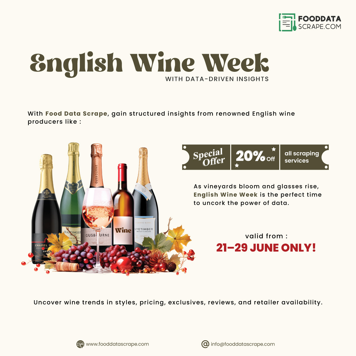 fooddatascrape's tweet image. 🍇 Celebrate English Wine Week with 20% OFF #WineDataScraping! Unlock trends, pricing &amp;amp; reviews. Offer ends June 29! 📩

👉 Don’t miss the chance to turn sips into strategies.
📩 Reach out today: info@fooddatascrape.com
🔗 fooddatascrape.com/contact-us.php

#EnglishWineWeek