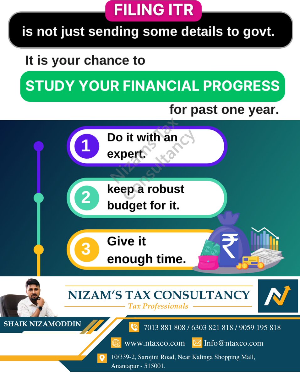 NtaxCo's tweet image. Filing ITR isn't just a task.
It’s your opportunity to study your financial progress 📈
✅ Consult experts
✅ Budget it
✅ Give it time

Let us help you make sense of your money 

#Ntaxco #TaxTips #IncomeTax #ITRFiling #FinanceIndia #BudgetSmart #WealthPlanning #CAIndia